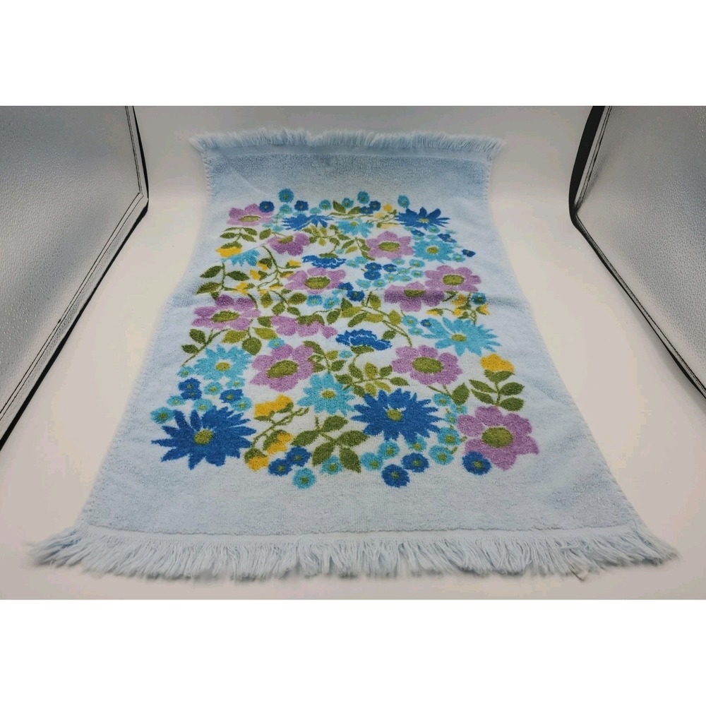 Vintage Cannon State Pride Blue Roses Floral Hand Towel Fringe 14X24